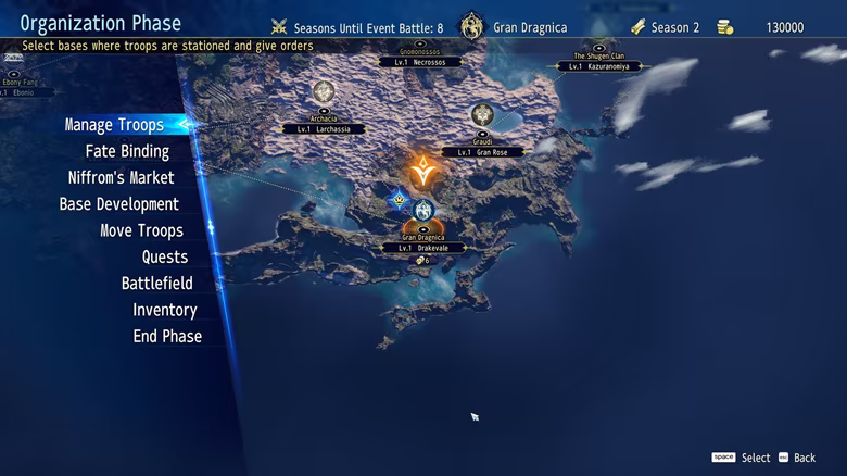 The BRIGANDINE ABYSS Organization Phase menu over the Meltitea map